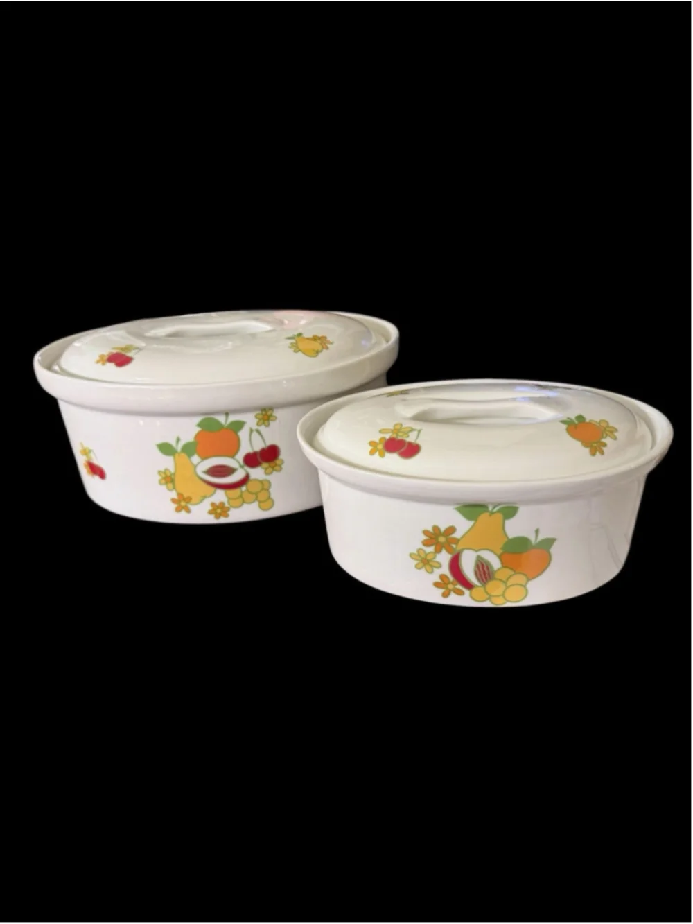 Vintage Cordon Bleu BIA France Lidded Casserole Set Fruit Pattern Stoneware 2pc